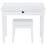 White children's dressing table with a smooth top, featuring a small heart-shaped drawer handle, accompanied by a matching stool. The design is simple and elegant, suitable for a child's room