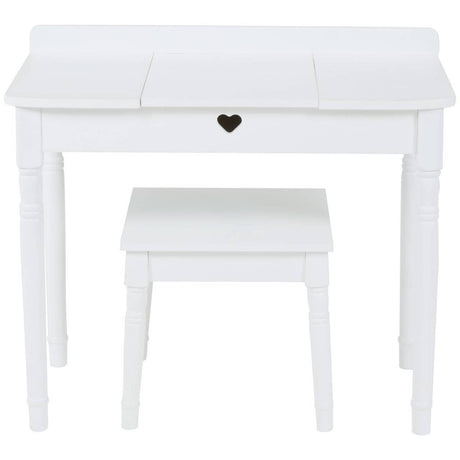 White children's dressing table with a smooth top, featuring a small heart-shaped drawer handle, accompanied by a matching stool. The design is simple and elegant, suitable for a child's room