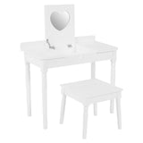 A white children's dressing table with a matching stool, featuring a heart-shaped mirror on the back. The table has a simple design with straight legs and a smooth surface, while the stool is compact and complements the table's style