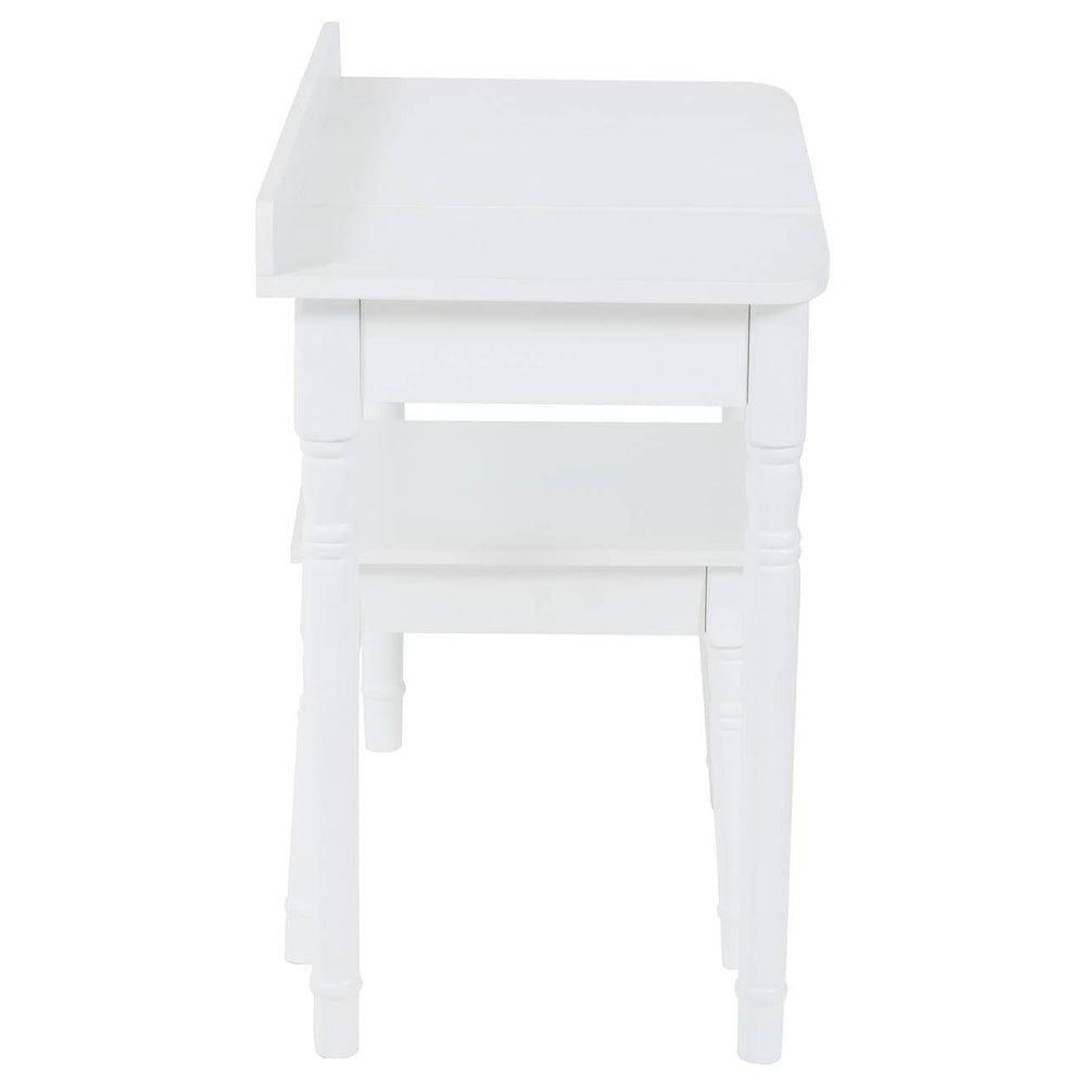 White children's dressing table with a smooth surface and a small backrest, accompanied by a matching stool. The table features a simple design with straight legs and a compact size suitable for kids