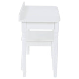 White children's dressing table with a smooth surface and a small backrest, accompanied by a matching stool. The table features a simple design with straight legs and a compact size suitable for kids