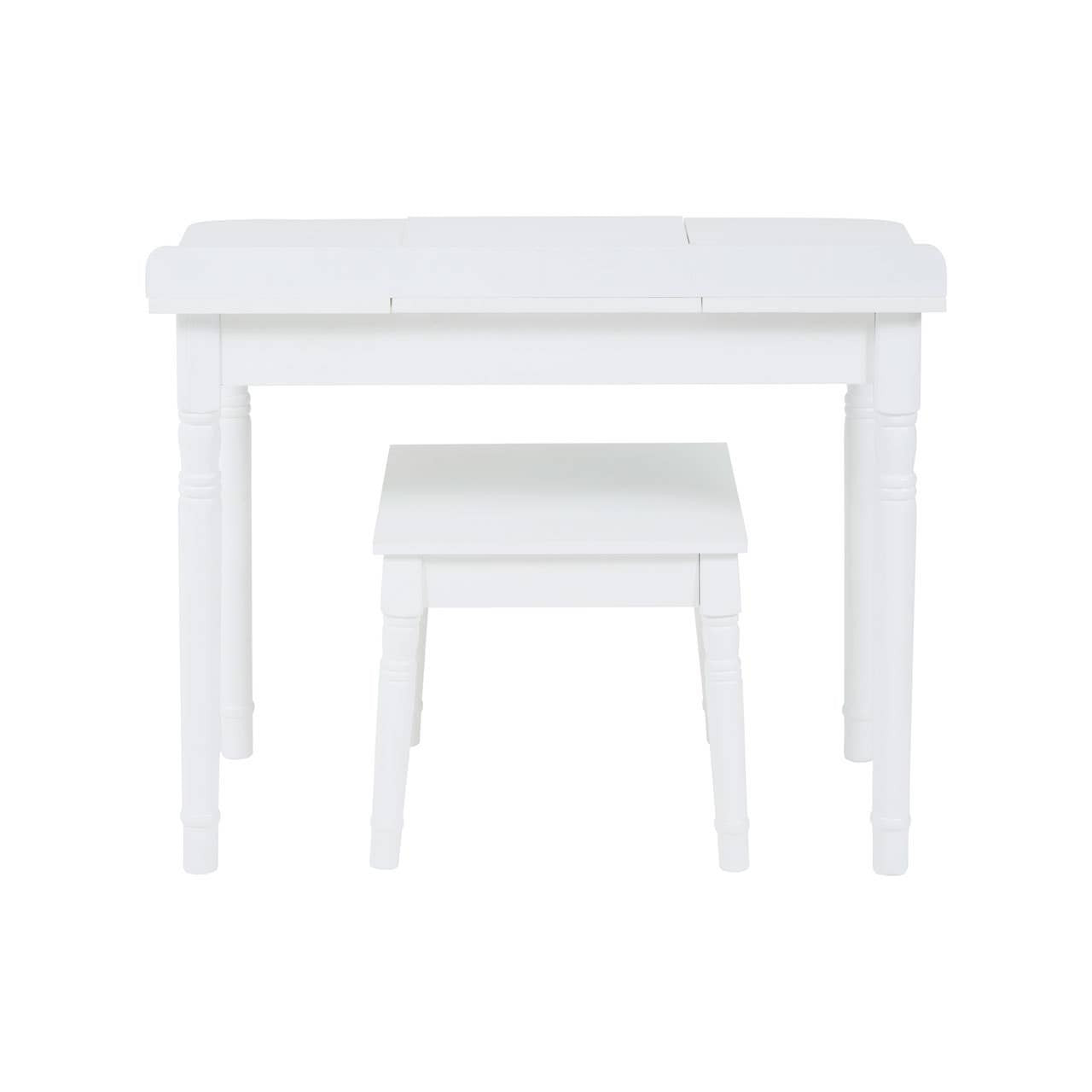 A white children's dressing table with a smooth, rounded top and four straight legs, accompanied by a matching white stool with a cushioned seat. The design is simple and modern, suitable for a child's room