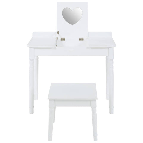 White children's dressing table with a heart-shaped mirror and two small drawers, accompanied by a matching white stool. The furniture features clean lines and a simple design, suitable for a child's room