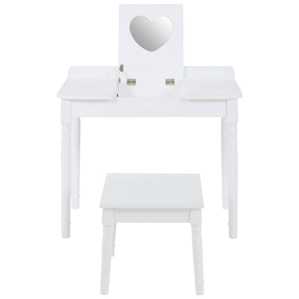 White children's dressing table with a heart-shaped mirror and two small drawers, accompanied by a matching white stool. The furniture features clean lines and a simple design, suitable for a child's room