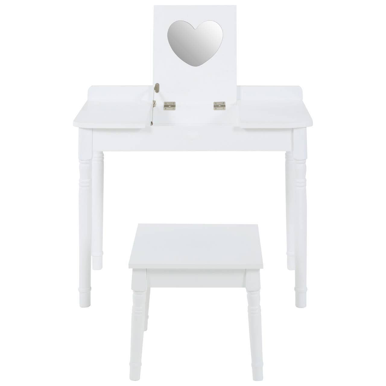 White children's dressing table with a heart-shaped mirror and two small drawers, accompanied by a matching white stool. The furniture features clean lines and a simple design, suitable for a child's room