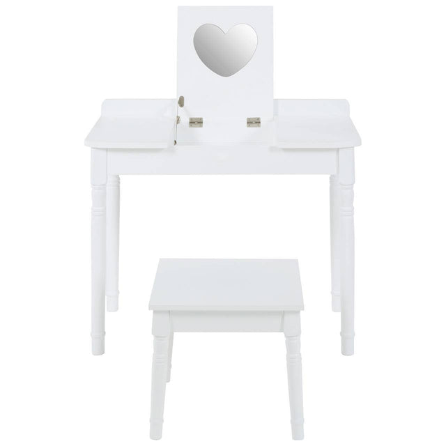 White children's dressing table with a heart-shaped mirror and two small drawers, accompanied by a matching white stool. The furniture features clean lines and a simple design, suitable for a child's room