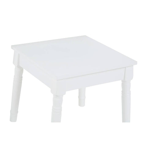 White children's dressing table with a smooth surface and four sturdy legs, accompanied by a matching stool. The design is simple and elegant, suitable for a child's room