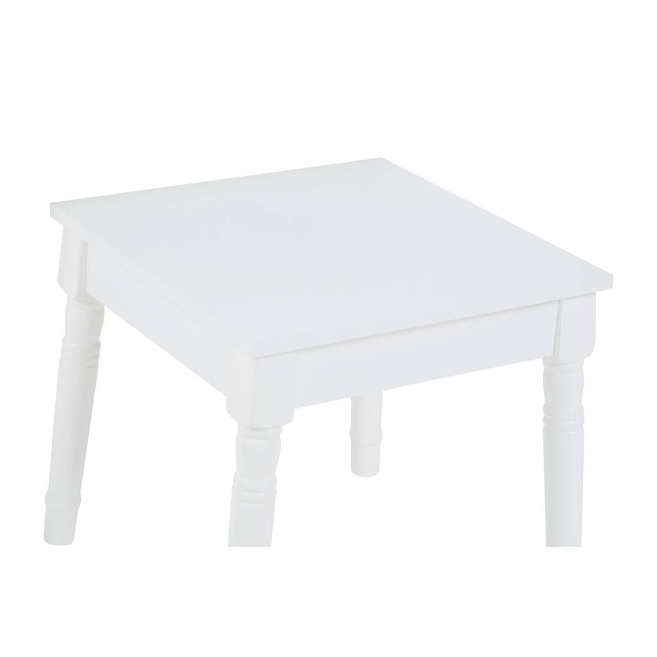 White children's dressing table with a smooth surface and four sturdy legs, accompanied by a matching stool. The design is simple and elegant, suitable for a child's room