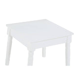 White children's dressing table with a smooth surface and four sturdy legs, accompanied by a matching stool. The design is simple and elegant, suitable for a child's room