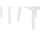 A white children's dressing table with a matching stool, featuring clean lines and a minimalist design. The table has a smooth surface and four sturdy legs, while the stool is simple and complements the table's aesthetic