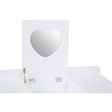 White children's dressing table featuring a heart-shaped mirror and a matching stool. The table has a smooth surface and simple design, with gold accents on the hardware