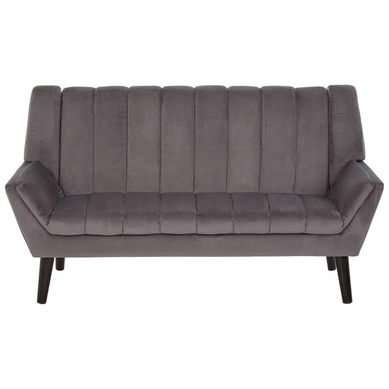 A modern two-seat sofa in a soft grey fabric featuring vertical tufted detailing on the backrest and sleek, angled armrests. The sofa is supported by slender black wooden legs, giving it a contemporary look suitable for various living spaces