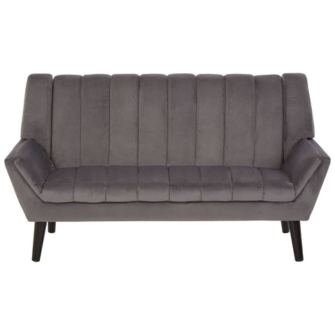 A modern two-seat sofa in a soft grey fabric featuring vertical tufted detailing on the backrest and sleek, angled armrests. The sofa is supported by slender black wooden legs, giving it a contemporary look suitable for various living spaces