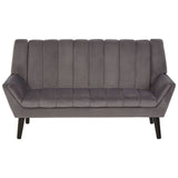 A modern two-seat sofa in a soft grey fabric featuring vertical tufted detailing on the backrest and sleek, angled armrests. The sofa is supported by slender black wooden legs, giving it a contemporary look suitable for various living spaces