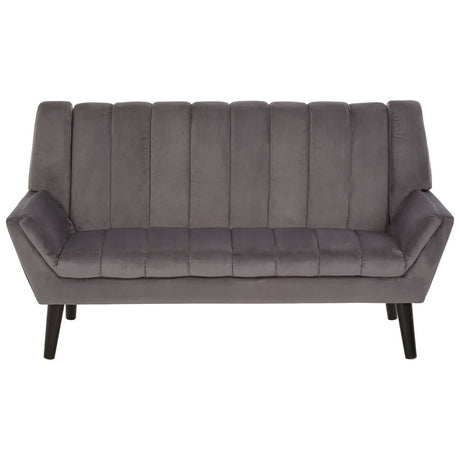 A modern two-seat sofa in a soft grey fabric featuring vertical tufted detailing on the backrest and sleek, angled armrests. The sofa is supported by slender black wooden legs, giving it a contemporary look suitable for various living spaces