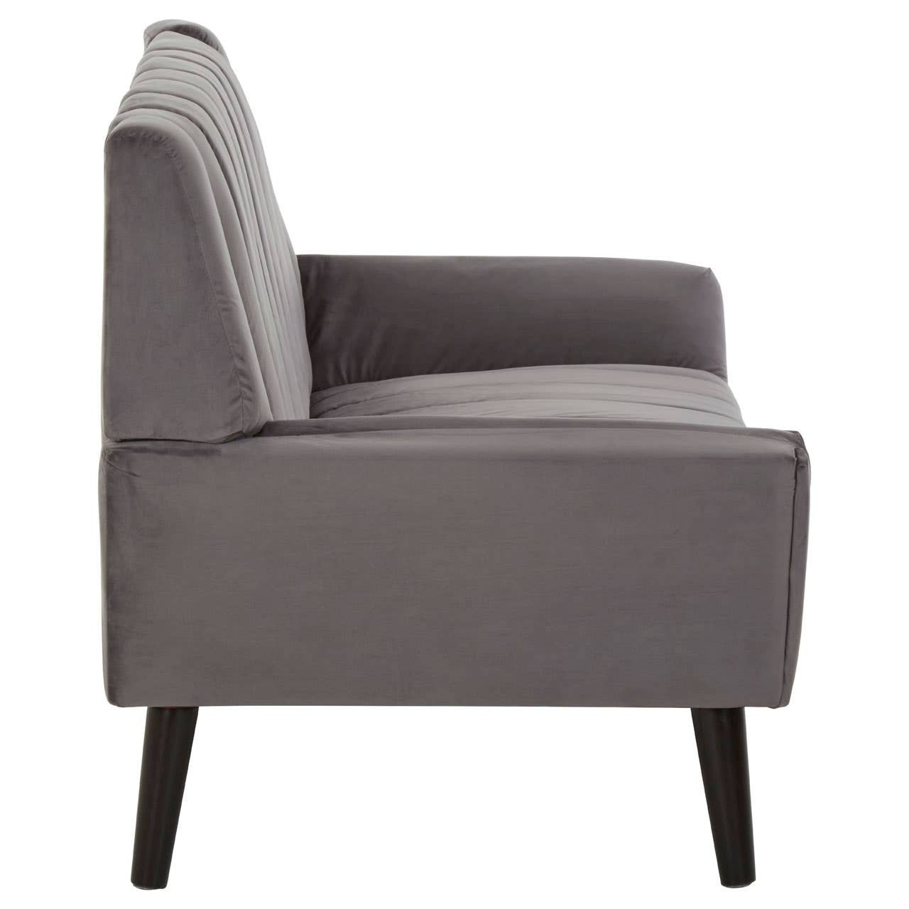 A side view of a two-seat grey sofa featuring a sleek design, with a straight backrest and slightly curved armrests. The sofa is supported by four dark wooden legs, giving it a modern and minimalist appearance. The upholstery is a soft grey fabric, creating a neutral and versatile look suitable for various interior styles