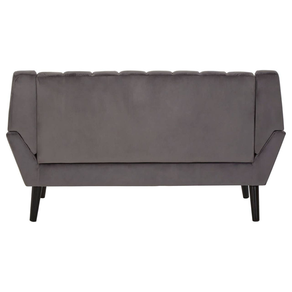 Two-seat grey sofa with a tufted backrest and sleek, angled armrests, supported by four black wooden legs. The fabric has a smooth texture, and the overall design is modern and minimalist