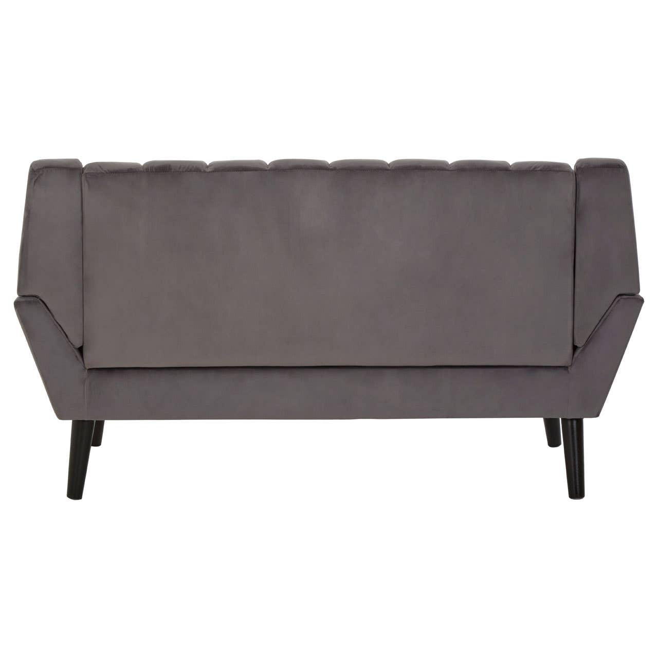 Two-seat grey sofa with a tufted backrest and sleek, angled armrests, supported by four black wooden legs. The fabric has a smooth texture, and the overall design is modern and minimalist