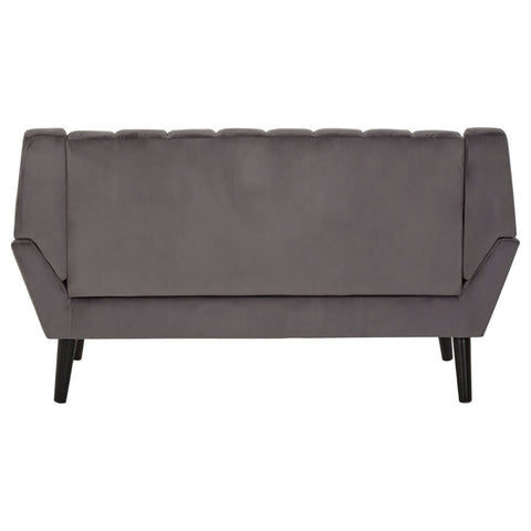 Two-seat grey sofa with a tufted backrest and sleek, angled armrests, supported by four black wooden legs. The fabric has a smooth texture, and the overall design is modern and minimalist
