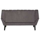 Two-seat grey sofa with a tufted backrest and sleek, angled armrests, supported by four black wooden legs. The fabric has a smooth texture, and the overall design is modern and minimalist