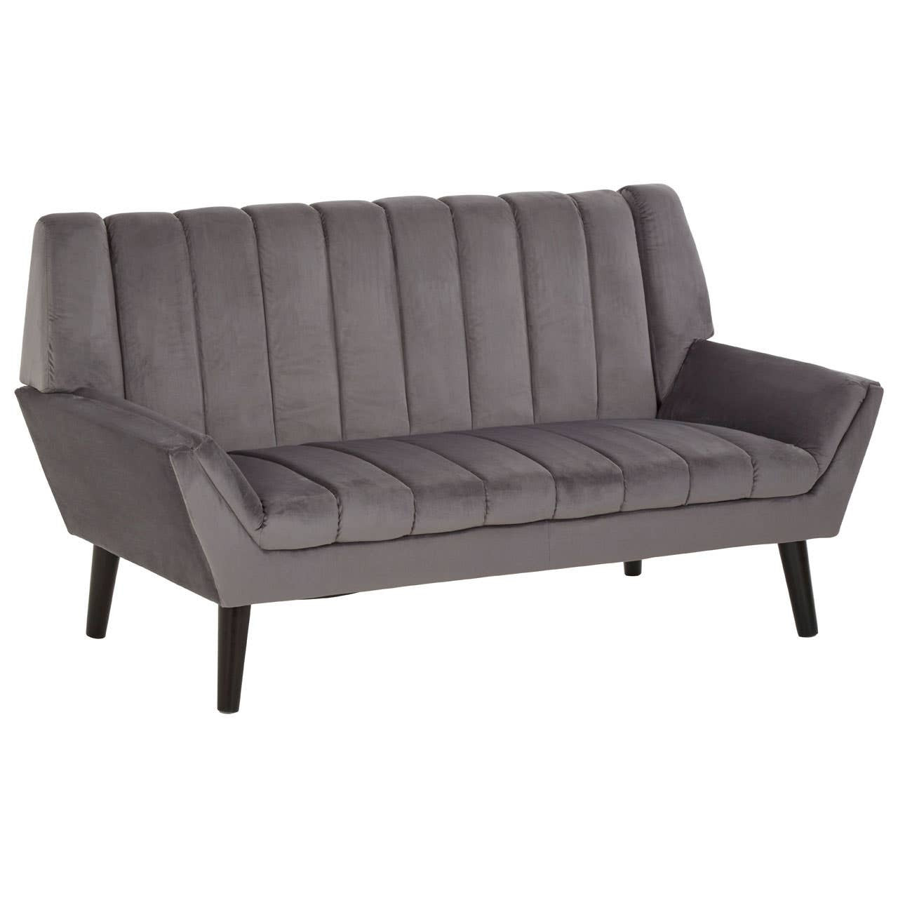 Two-seat grey sofa with a modern design featuring vertical stitching on the backrest and arms. The sofa has a sleek silhouette and is supported by tapered black legs, adding a contemporary touch to any living space