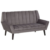 Two-seat grey sofa with a modern design featuring vertical stitching on the backrest and arms. The sofa has a sleek silhouette and is supported by tapered black legs, adding a contemporary touch to any living space