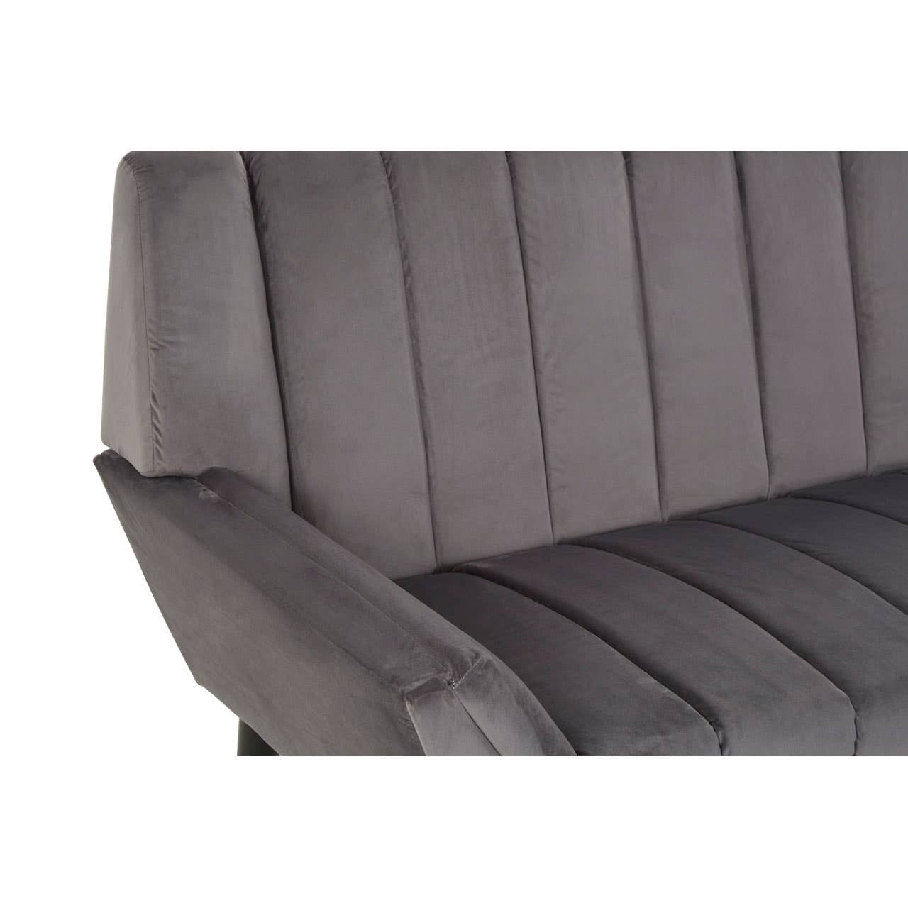 Two-seat grey sofa featuring a sleek design with vertical stitching on the backrest and armrests, showcasing a modern and minimalist aesthetic. The fabric appears soft and inviting, ideal for contemporary living spaces