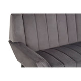 Two-seat grey sofa featuring a sleek design with vertical stitching on the backrest and armrests, showcasing a modern and minimalist aesthetic. The fabric appears soft and inviting, ideal for contemporary living spaces