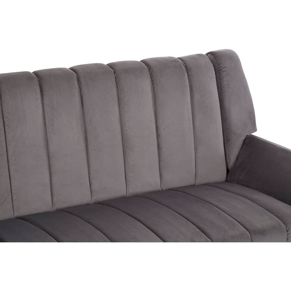 Grey two-seat sofa featuring a tufted backrest with vertical stitching and a smooth seat cushion. The fabric has a soft texture, and the sofa has rounded armrests for added comfort