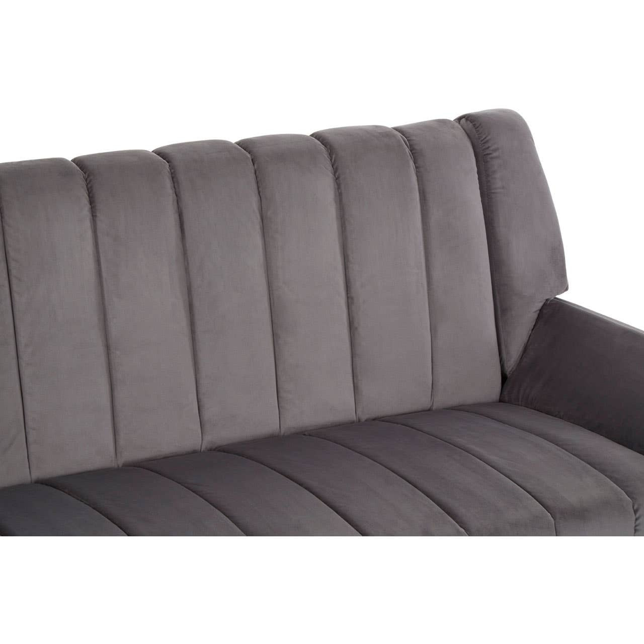 Grey two-seat sofa featuring a tufted backrest with vertical stitching and a smooth seat cushion. The fabric has a soft texture, and the sofa has rounded armrests for added comfort