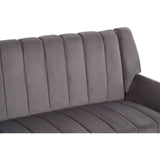 Grey two-seat sofa featuring a tufted backrest with vertical stitching and a smooth seat cushion. The fabric has a soft texture, and the sofa has rounded armrests for added comfort