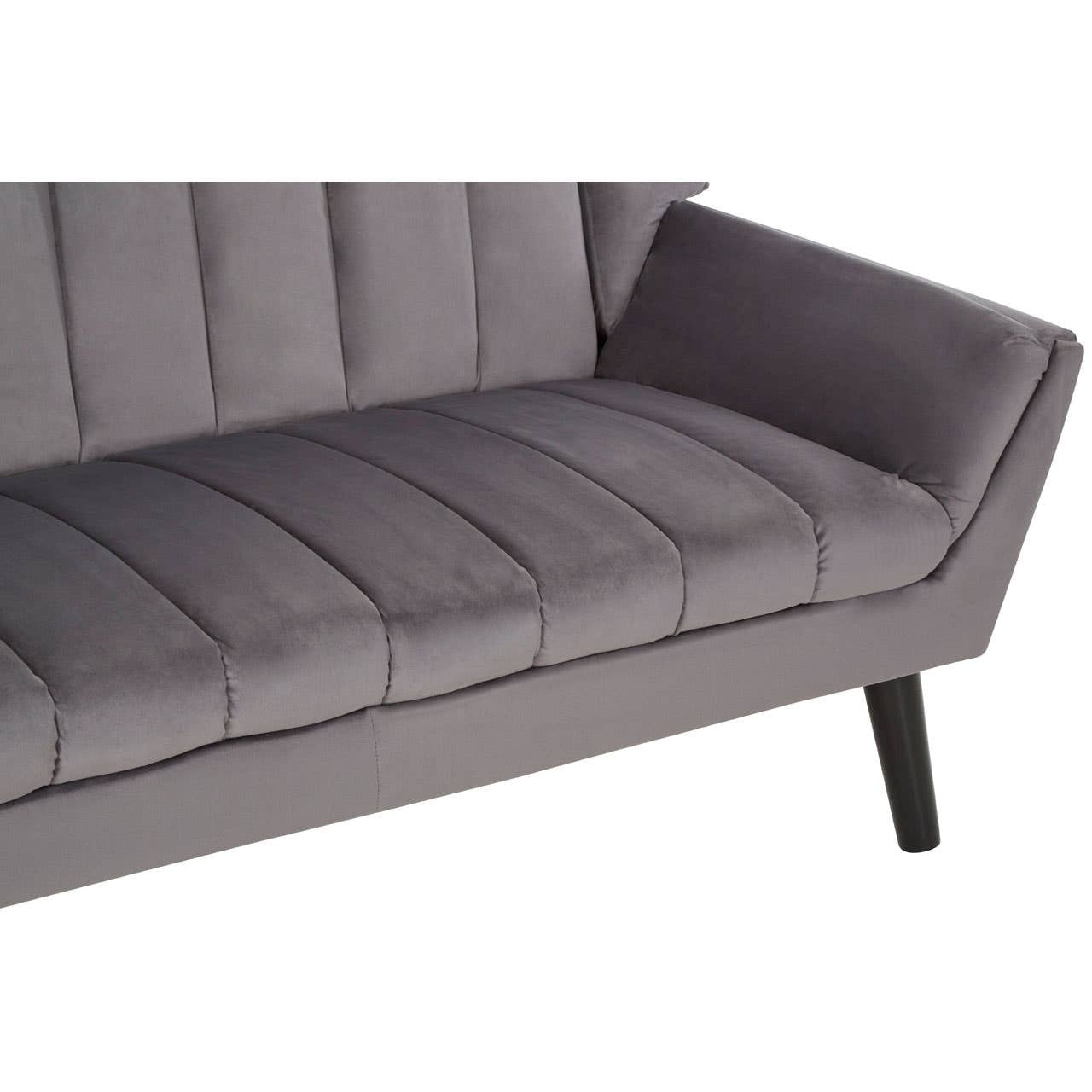 Two-seat grey sofa featuring a sleek design with vertical tufting on the seat and backrest, complemented by angled armrests and sturdy black legs. The fabric has a soft texture, enhancing the modern aesthetic of the piece