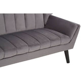 Two-seat grey sofa featuring a sleek design with vertical tufting on the seat and backrest, complemented by angled armrests and sturdy black legs. The fabric has a soft texture, enhancing the modern aesthetic of the piece