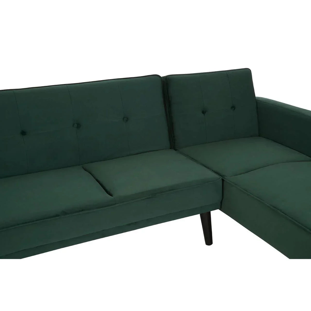 Dark green L-shaped fabric sofa with button-tufted backrest and angled wooden legs