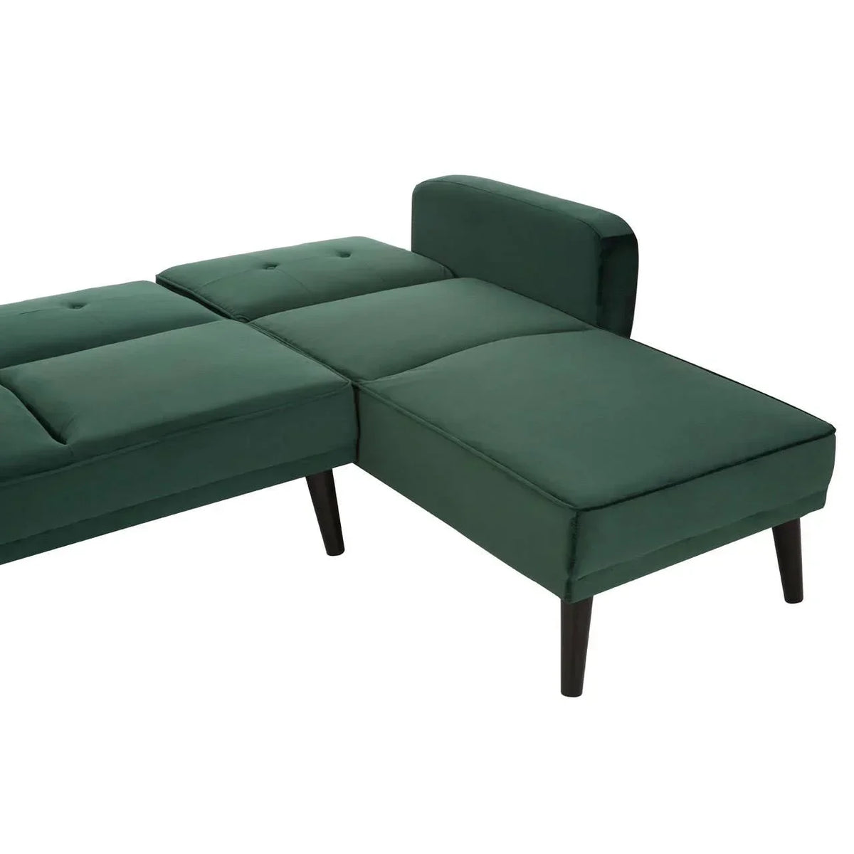 Green velvet chaise sofa with wooden legs and button detail, side angle view