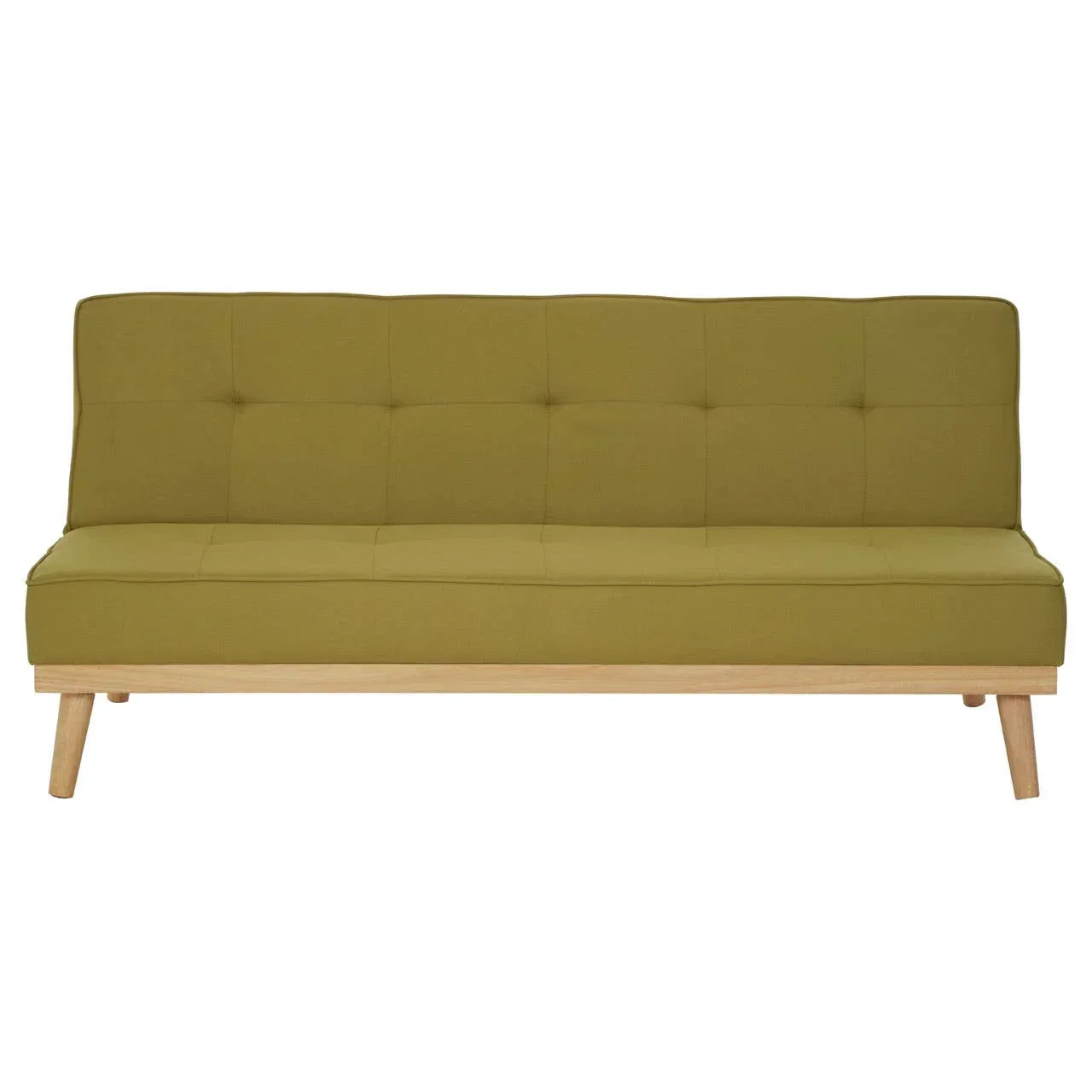 Green fabric sofa with wooden legs and tufted backrest, front view