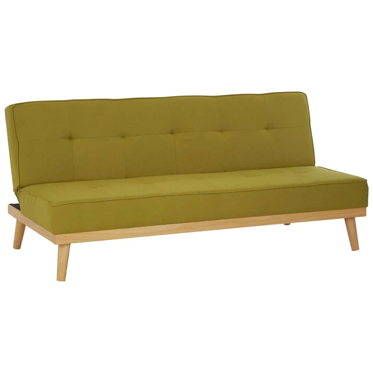 Green fabric sofa with tufted cushions and light wood legs, mid-century modern style