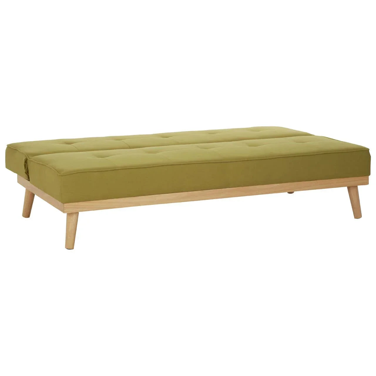 Green fabric upholstered sofa bed with wooden legs and tufted seat, side angle view