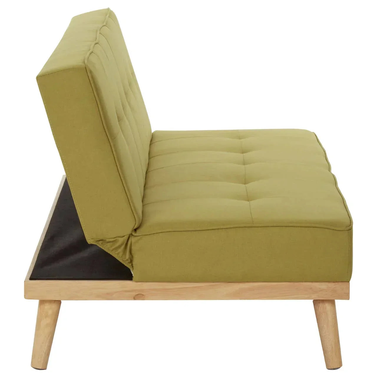 Green fabric sofa bed with tufted seat and backrest, light wood frame, side view