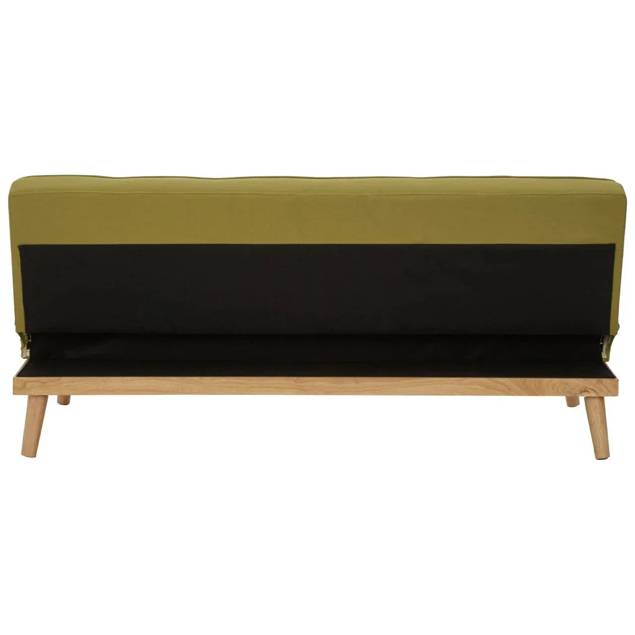 Back view of green fabric sofa with wooden legs and black fabric panel