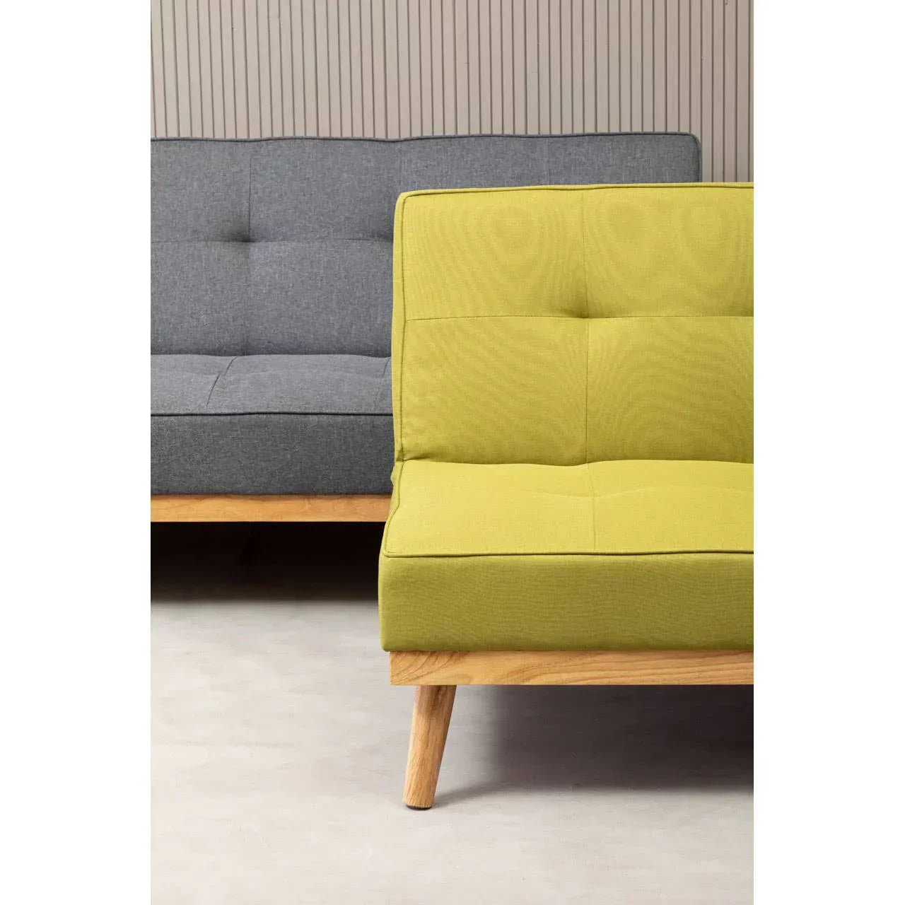 Modern sofa set with grey and yellow fabric upholstery, wooden legs, and tufted cushions