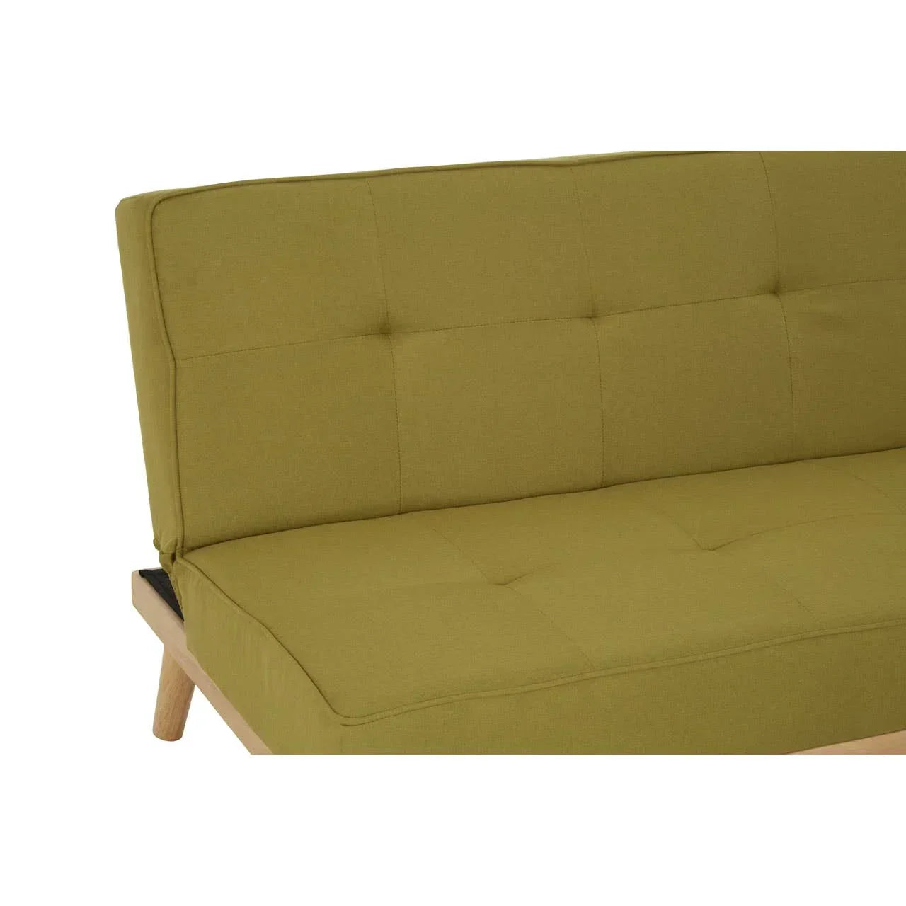 Olive green fabric sofa with tufted backrest and wooden legs, angled side view