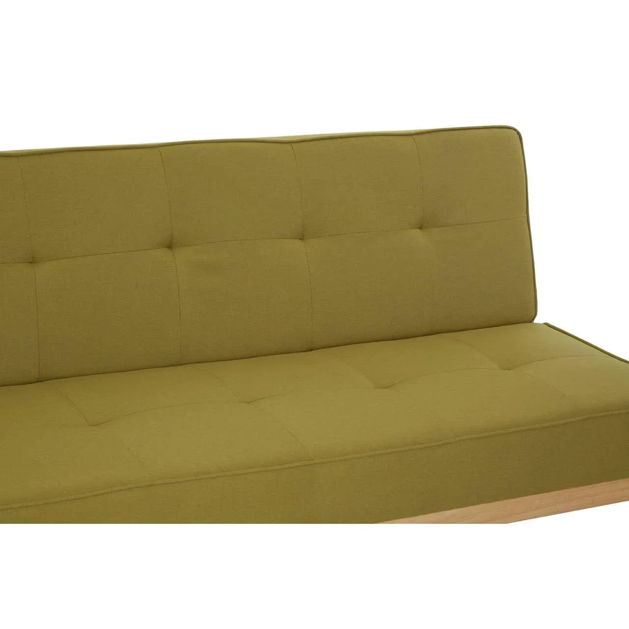 Green fabric sofa close-up with tufted backrest and seat on light wood base