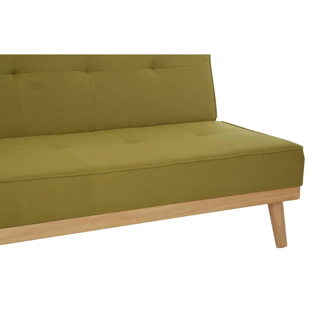 Green fabric sofa with wooden legs and tufted seat cushion, partial side view