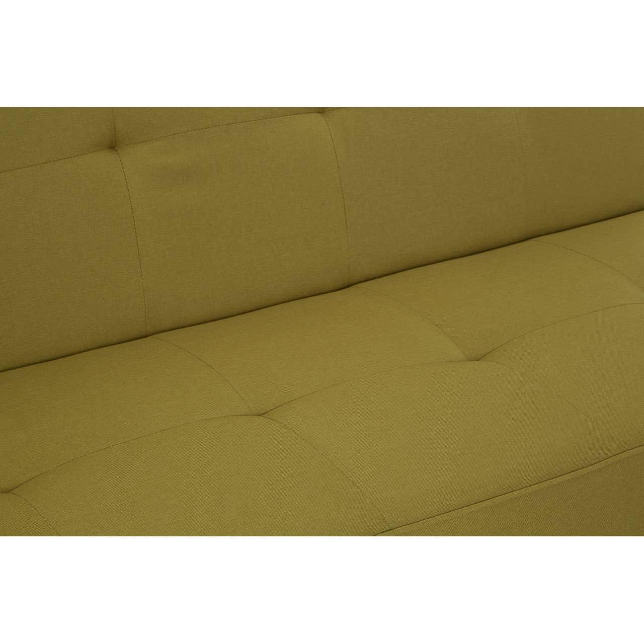 Olive green fabric sofa close-up with square stitch detailing on seat and backrest