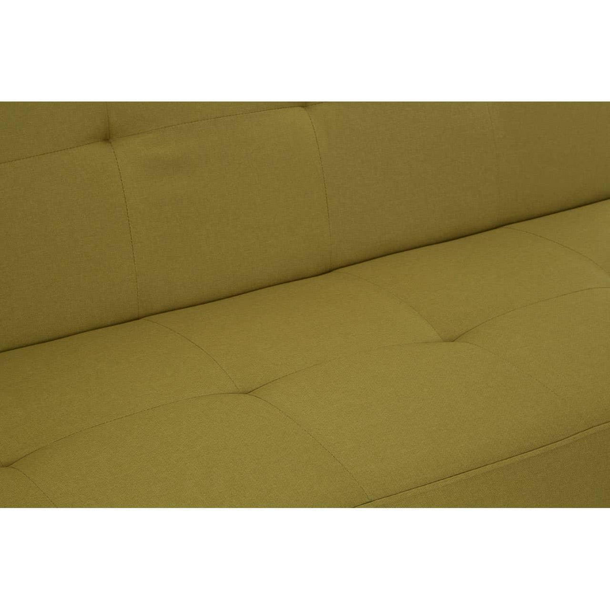 Olive green fabric sofa close-up with square stitch detailing on seat and backrest