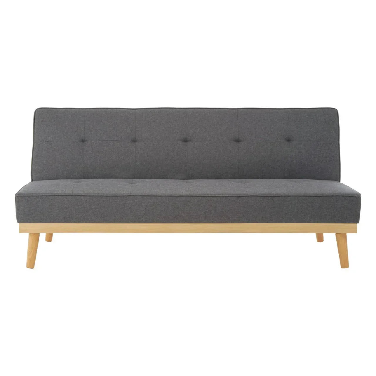 Grey fabric sofa with button-tufted backrest and light wood legs, front view