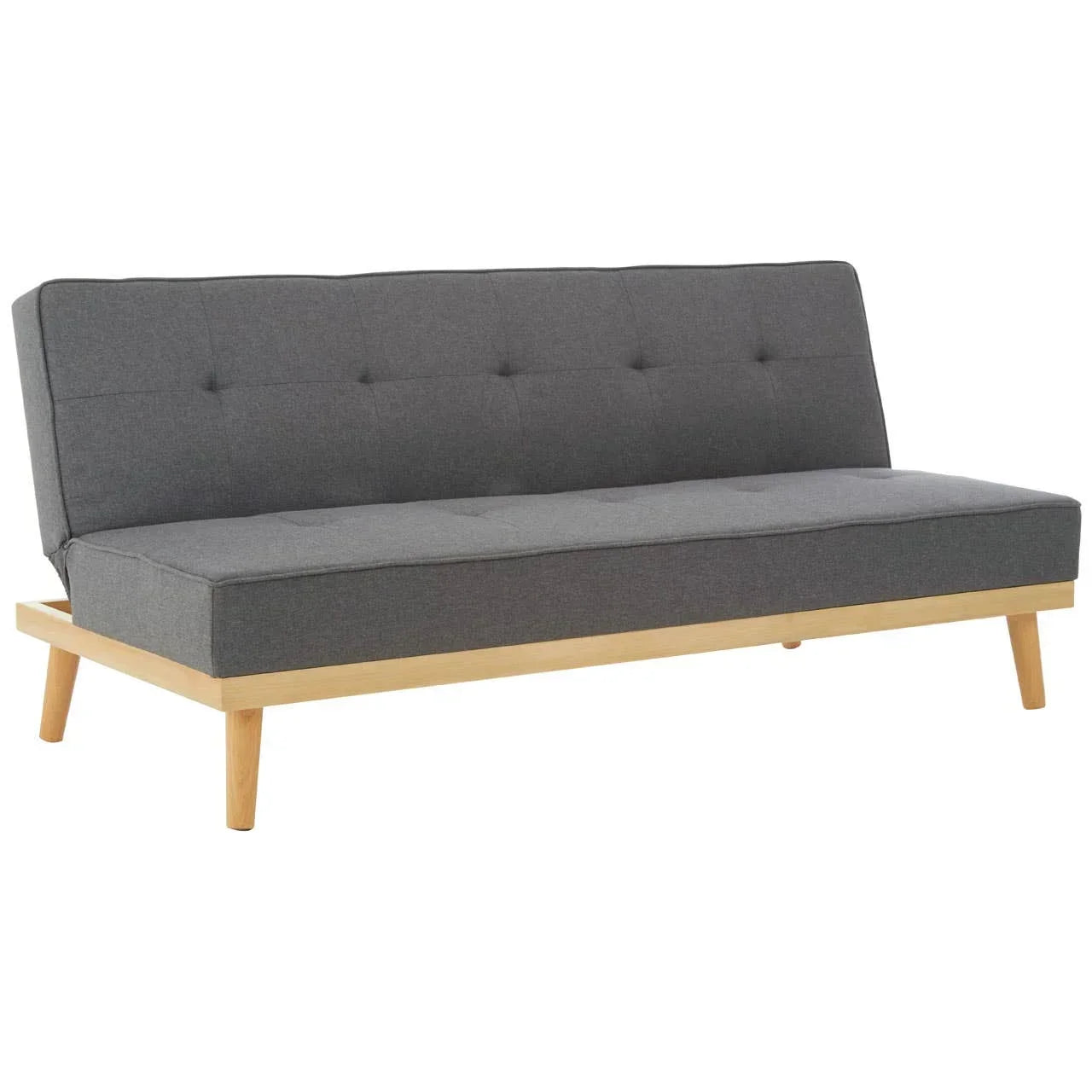 Grey fabric sofa bed with wooden frame and angled legs, tufted seat and backrest