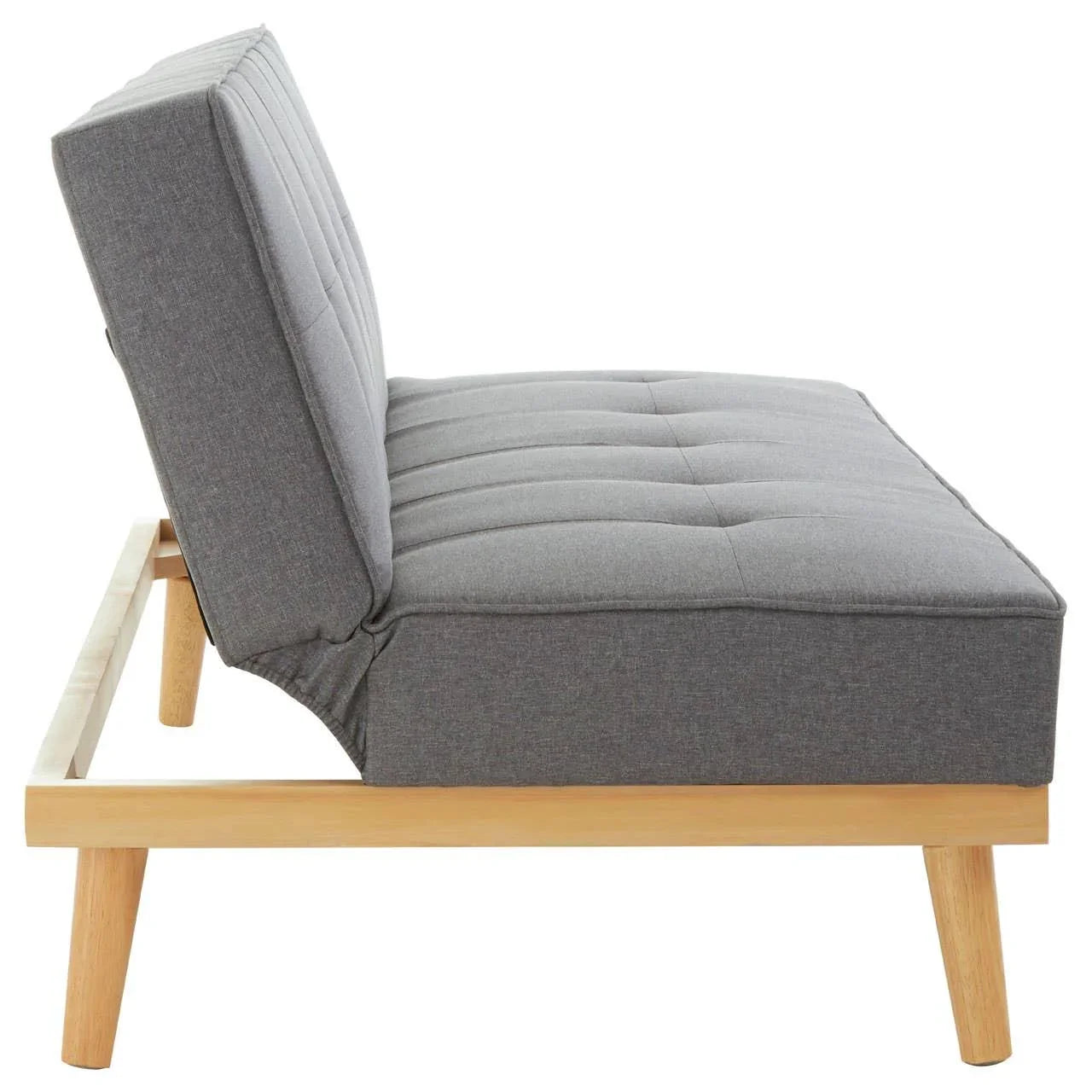 Grey fabric sofa bed with wooden frame shown from side angle