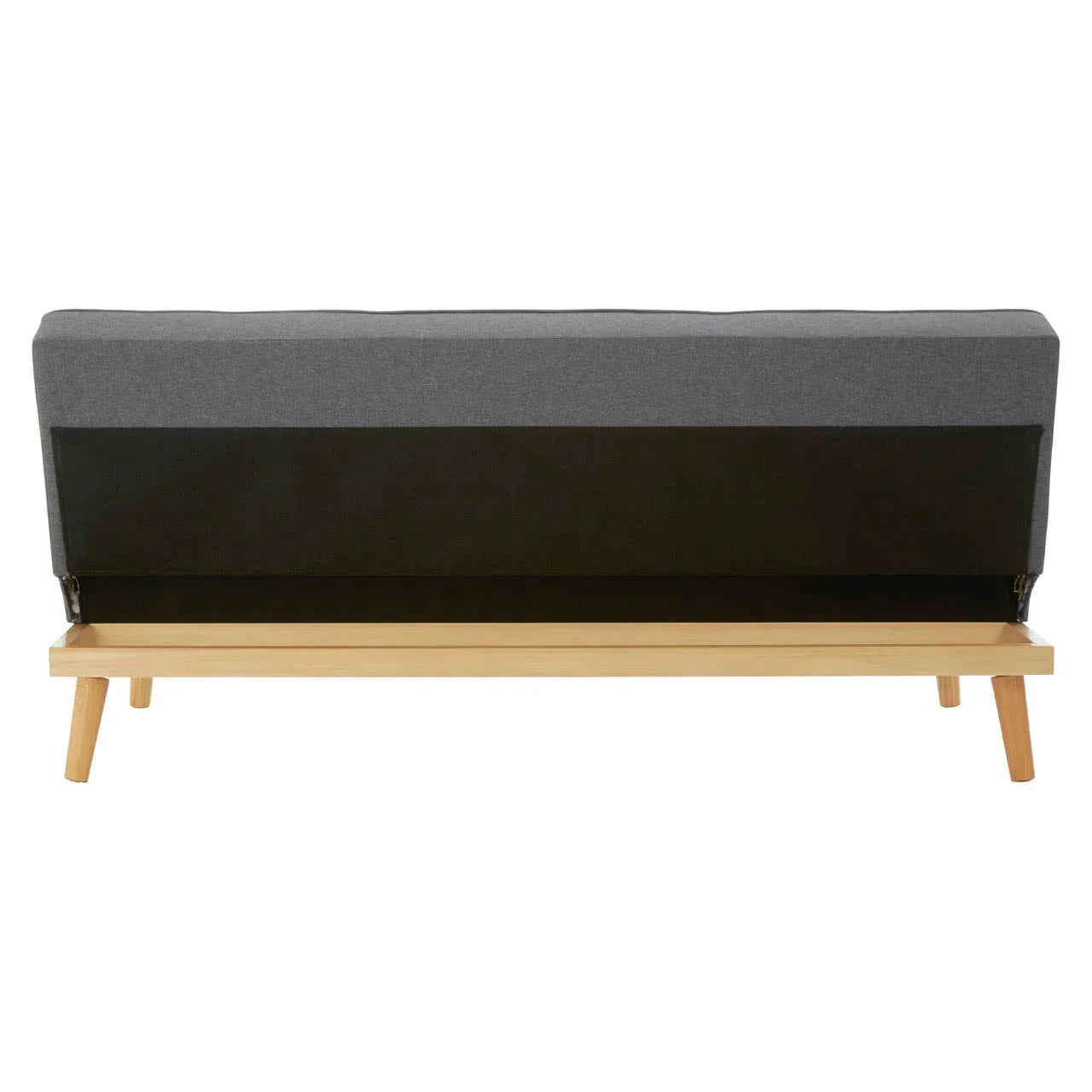Back view of grey fabric sofa with wooden legs and frame